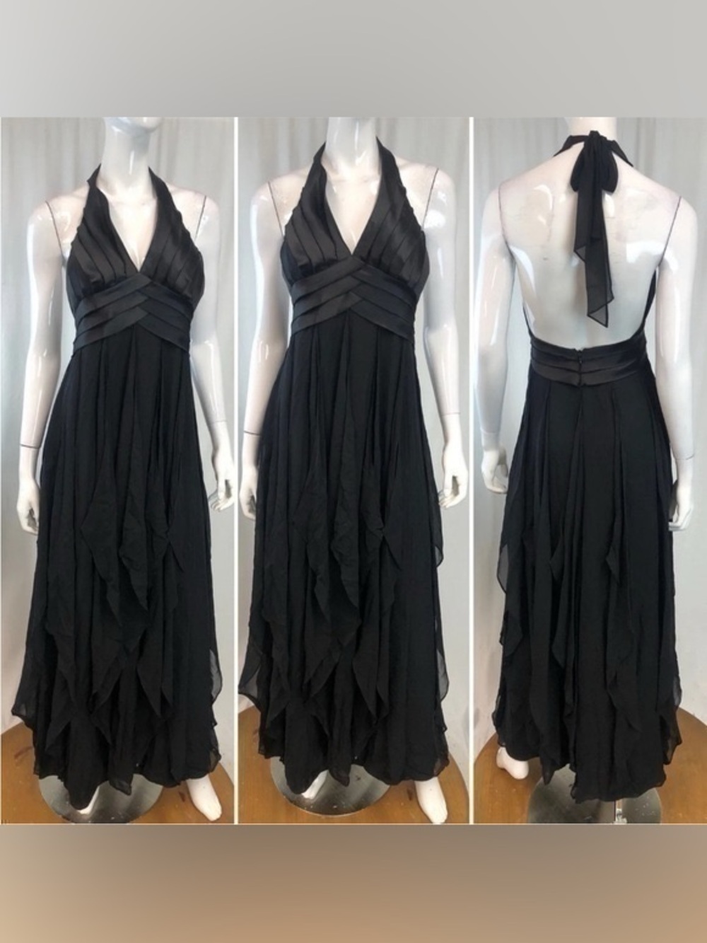 BCBGMaxAzria Black Backless Halter Ruffle Maxi Dress